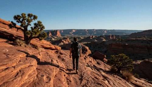 Hiker on red rock trail in New Mexico with desert landscape views Hiker on red rock trail in New Mexico with desert landscape views