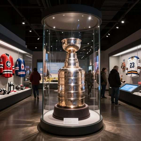 Hockey Hall of Fame interior displaying Stanley Cup and hockey memorabilia Hockey Hall of Fame interior displaying Stanley Cup and hockey memorabilia