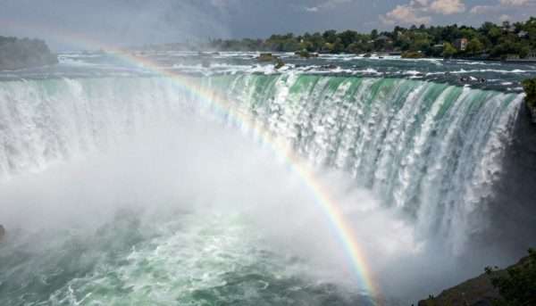 Horseshoe Falls at Niagara with mist rising and rainbow visible Horseshoe Falls at Niagara with mist rising and rainbow visible
