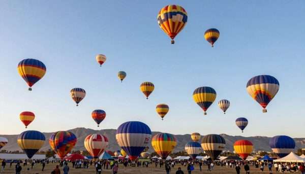 Hundreds of colorful hot air balloons floating over Albuquerque during the Balloon Fiesta Hundreds of colorful hot air balloons floating over Albuquerque during the Balloon Fiesta