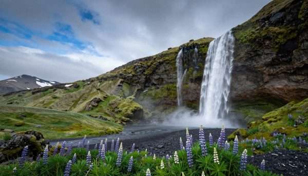 Iceland landscape with waterfalls and volcanic terrain in May Iceland landscape with waterfalls and volcanic terrain in May