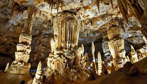 Interior of Carlsbad Caverns showing massive limestone formations and stalactites in New Mexico Interior of Carlsbad Caverns showing massive limestone formations and stalactites in New Mexico