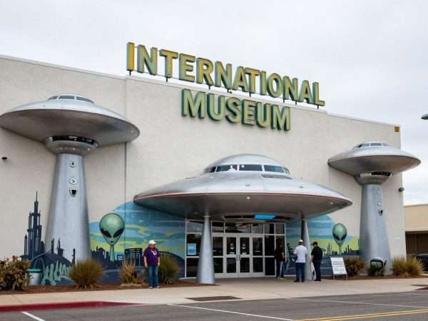 International UFO Museum exterior in Roswell, New Mexico with alien artwork International UFO Museum exterior in Roswell, New Mexico with alien artwork