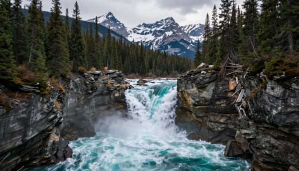 Jasper National Park mountain landscape with Athabasca Falls Jasper National Park mountain landscape with Athabasca Falls