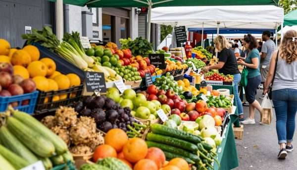 Jean-Talon Market with fresh produce and food vendors Jean-Talon Market with fresh produce and food vendors