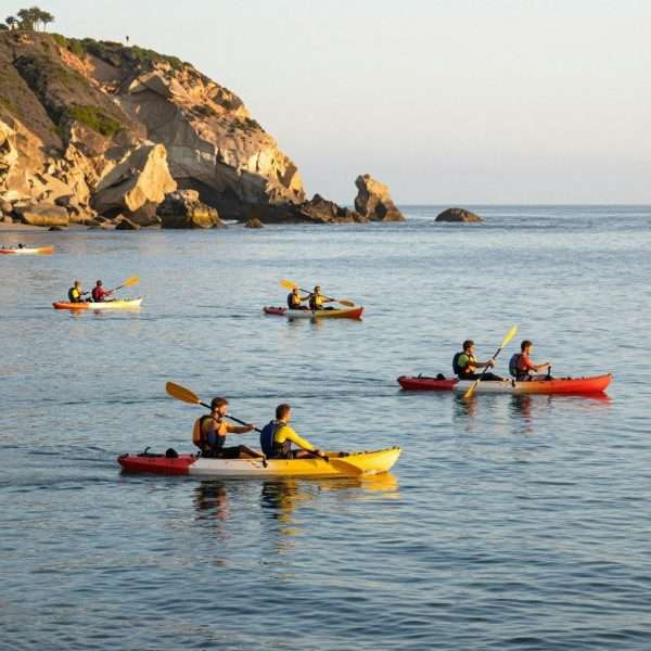 Kayakers paddling along calm LA coastline Kayakers paddling along calm LA coastline