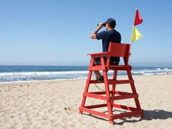 Lifeguard tower at LA beach with lifeguard on duty Lifeguard tower at LA beach with lifeguard on duty