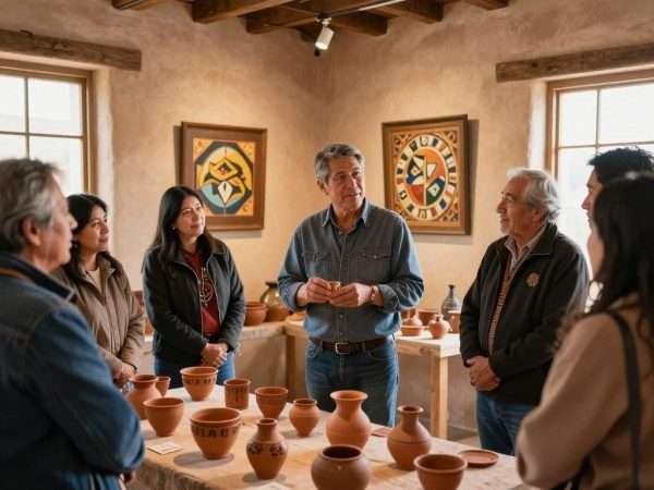 Local guide showing tourists traditional Native American pottery in Santa Fe Local guide showing tourists traditional Native American pottery in Santa Fe