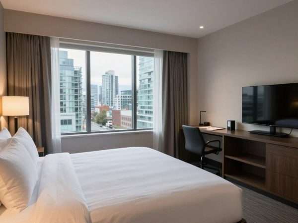 Mid-range hotel room in downtown Vancouver with city views Mid-range hotel room in downtown Vancouver with city views