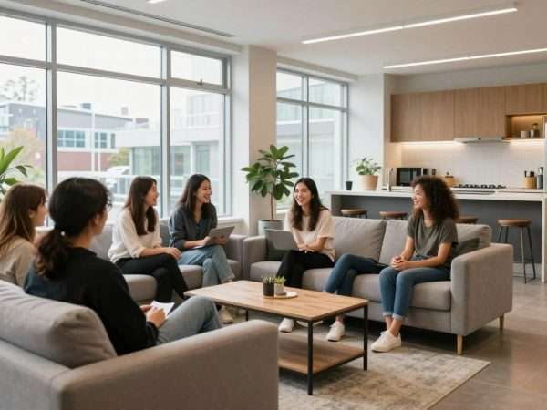 Modern hostel common area with travelers socializing Modern hostel common area with travelers socializing