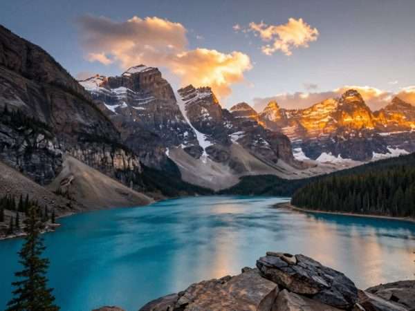 Moraine Lake with ten peaks in the background during sunrise in Banff National Park Moraine Lake with ten peaks in the background during sunrise in Banff National Park