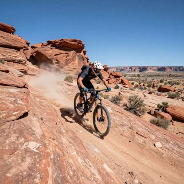 Mountain biker riding through desert landscape with red rocks Mountain biker riding through desert landscape with red rocks