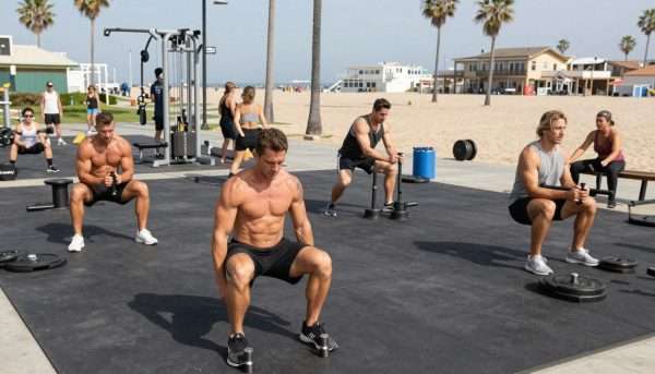 Muscle Beach outdoor gym at Venice Beach with weightlifters Muscle Beach outdoor gym at Venice Beach with weightlifters