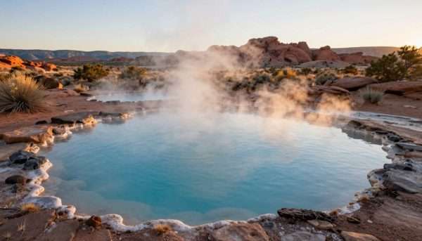 Natural hot springs pool with steam rising in desert landscape of New Mexico Natural hot springs pool with steam rising in desert landscape of New Mexico