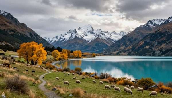 New Zealand South Island mountains and lakes with autumn foliage New Zealand South Island mountains and lakes with autumn foliage