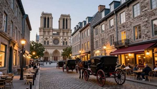 Old Montreal cobblestone streets with Notre-Dame Basilica in background Old Montreal cobblestone streets with Notre-Dame Basilica in background