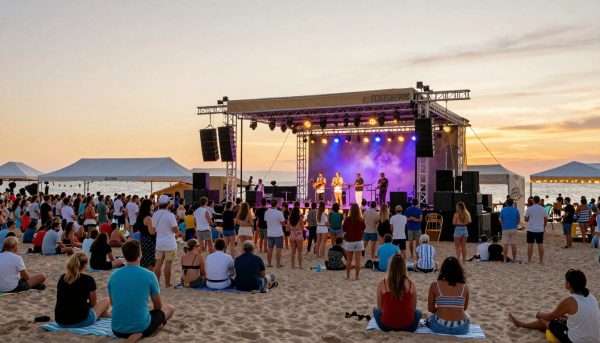 Outdoor concert on beach with crowd enjoying music Outdoor concert on beach with crowd enjoying music