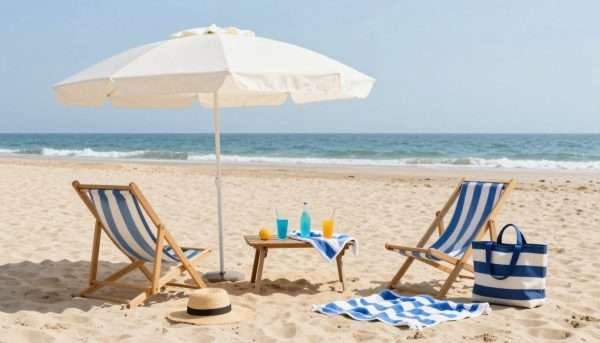 Perfect beach setup with umbrella, chairs, and cooler Perfect beach setup with umbrella, chairs, and cooler