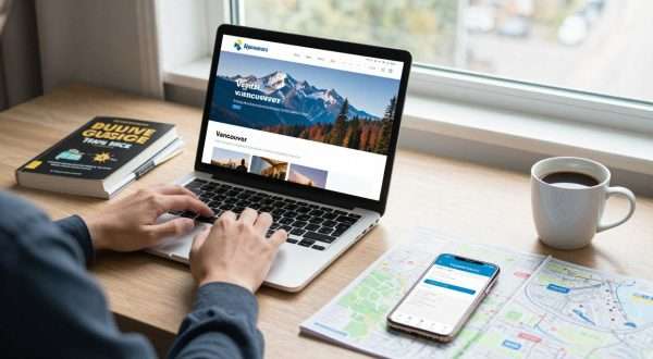 Person booking hotel on laptop with Vancouver travel photos Person booking hotel on laptop with Vancouver travel photos