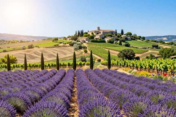 Provence France countryside with early blooms and hilltop villages Provence France countryside with early blooms and hilltop villages