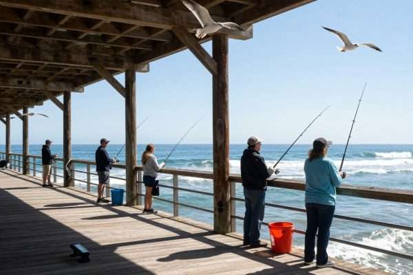 Redondo Beach Pier with anglers fishing and seagulls Redondo Beach Pier with anglers fishing and seagulls