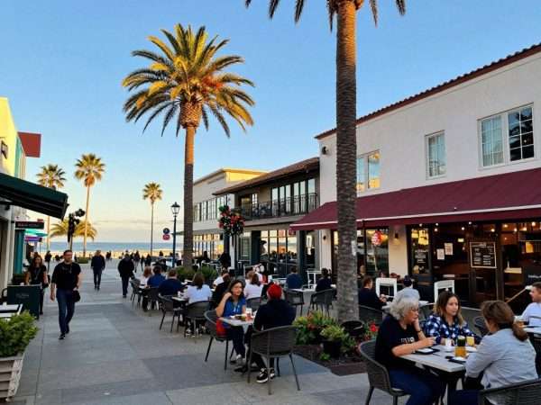 Restaurants and shops along Santa Monica beachfront promenade Restaurants and shops along Santa Monica beachfront promenade