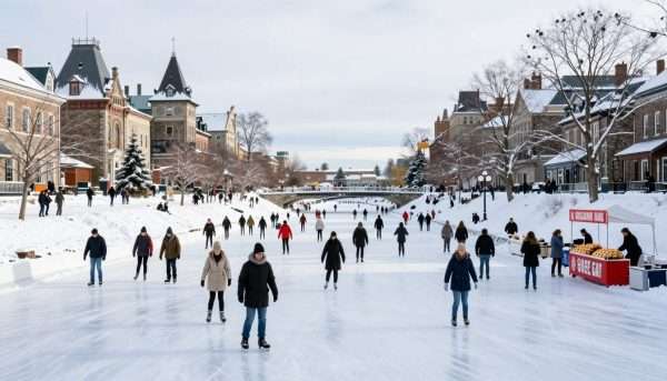 Rideau Canal in winter with ice skaters on the frozen waterway Rideau Canal in winter with ice skaters on the frozen waterway