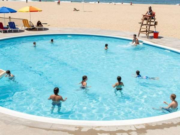 Seaside Lagoon pool area at Redondo Beach with families swimming Seaside Lagoon pool area at Redondo Beach with families swimming