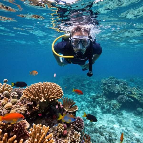 Snorkeling equipment and coral reef underwater view at Pennekamp park Snorkeling equipment and coral reef underwater view at Pennekamp park