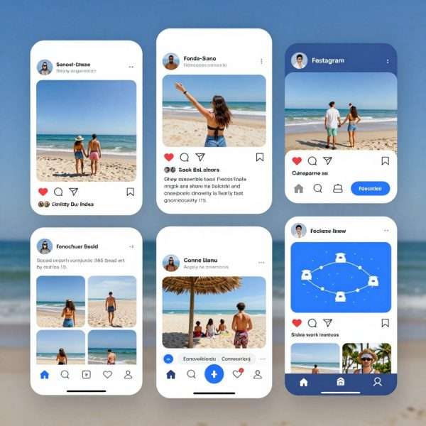 Social media feeds showing beach content and community Social media feeds showing beach content and community
