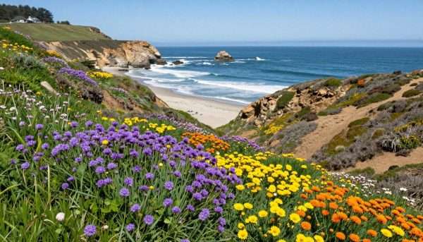 Spring wildflowers blooming on cliffs above LA beach Spring wildflowers blooming on cliffs above LA beach