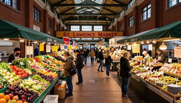 St. Lawrence Market interior with food vendors and shoppers St. Lawrence Market interior with food vendors and shoppers