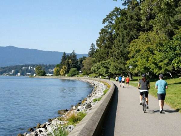 Stanley Park seawall with cyclists and runners, ocean views, mountains Stanley Park seawall with cyclists and runners, ocean views, mountains