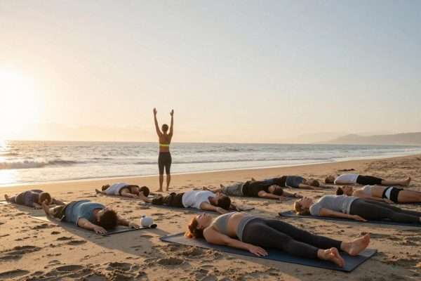 Sunrise yoga class on beach with ocean views Sunrise yoga class on beach with ocean views
