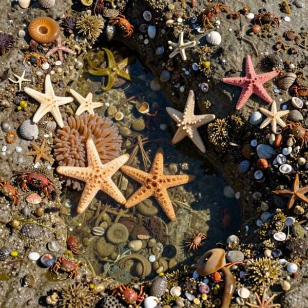 Tide pools at Point Dume with sea stars and anemones Tide pools at Point Dume with sea stars and anemones