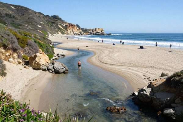 Topanga State Beach with canyon creek meeting ocean Topanga State Beach with canyon creek meeting ocean