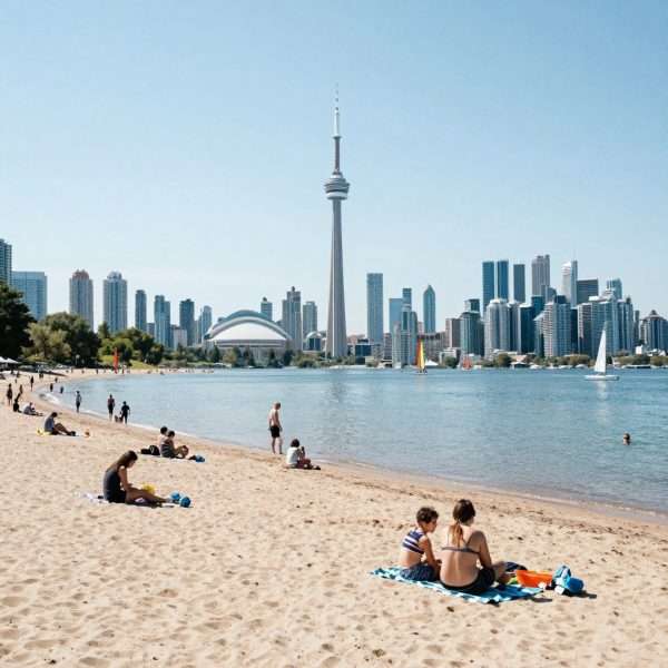 Toronto Islands beach with city skyline view across the water Toronto Islands beach with city skyline view across the water