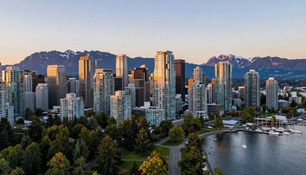 Vancouver skyline with mountains in background and Stanley Park in foreground Vancouver skyline with mountains in background and Stanley Park in foreground