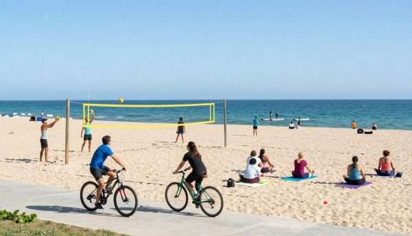Various beach activities including volleyball, cycling, and yoga Various beach activities including volleyball, cycling, and yoga
