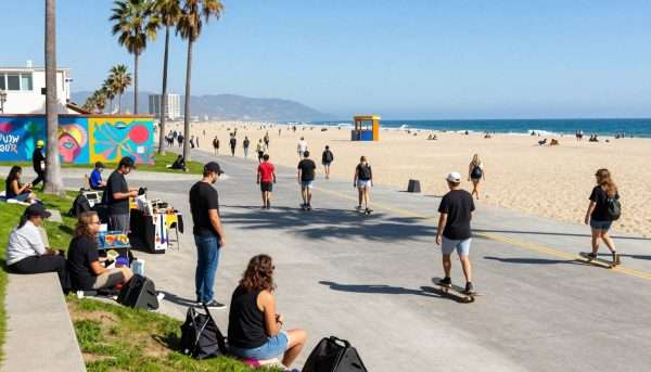 Venice Beach boardwalk with street performers, artists, and ocean views Venice Beach boardwalk with street performers, artists, and ocean views