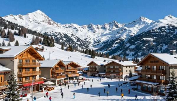 Whistler Village with mountain peaks in background during winter Whistler Village with mountain peaks in background during winter