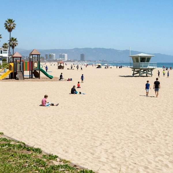 Wide sandy beach at Santa Monica with playground nearby Wide sandy beach at Santa Monica with playground nearby
