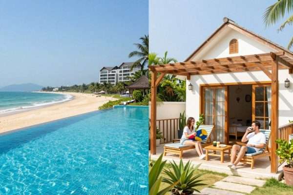 luxury resort and budget hostel representing travel options range luxury resort and budget hostel representing travel options range