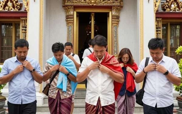 tourists covering up at thai temple entrance tourists covering up at thai temple entrance
