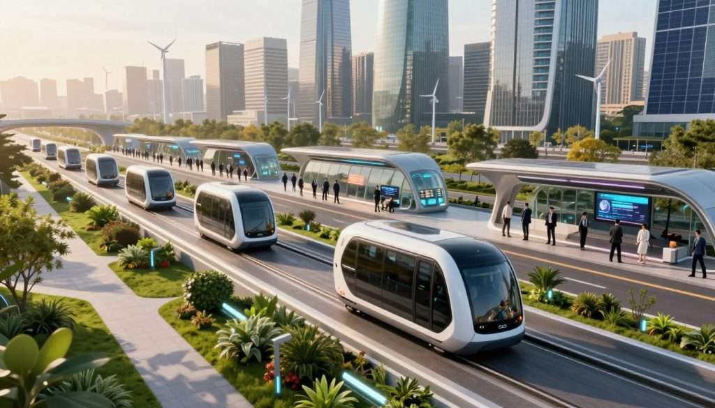 A futuristic cityscape featuring advanced autonomous vehicle transportation infrastructure. In the foreground, sleek, futuristic G2A pods glide silently along elevated tracks, surrounded by vibrant greenery and smart lighting. The middle ground showcases a network of hyperloop stations, with glass domes and dynamic signage, bustling with people in professional business attire. The background reveals a skyline of towering, eco-friendly skyscrapers with solar panels and wind turbines. The scene is bathed in soft, warm sunlight during the golden hour, casting long shadows and creating an inviting atmosphere. The angle is slightly elevated, providing a comprehensive view of the infrastructure, while the mood conveys innovation, sustainability, and a bright future for transportation. A futuristic cityscape featuring advanced autonomous vehicle transportation infrastructure. In the foreground, sleek, futuristic G2A pods glide silently along elevated tracks, surrounded by vibrant greenery and smart lighting. The middle ground showcases a network of hyperloop stations, with glass domes and dynamic signage, bustling with people in professional business attire. The background reveals a skyline of towering, eco-friendly skyscrapers with solar panels and wind turbines. The scene is bathed in soft, warm sunlight during the golden hour, casting long shadows and creating an inviting atmosphere. The angle is slightly elevated, providing a comprehensive view of the infrastructure, while the mood conveys innovation, sustainability, and a bright future for transportation.