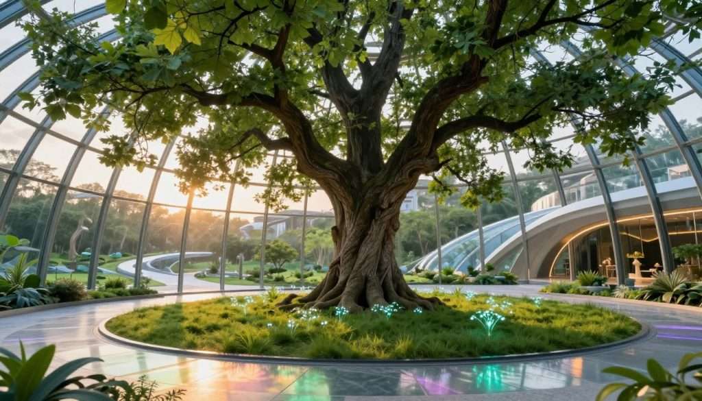 A futuristic glass pavilion shelters a majestic historic tree, with its wide, gnarled trunk and vibrant green leaves forming a striking contrast against the sleek, transparent structure. In the foreground, the pavilion's gleaming glass panels reflect sunlight, creating a prism of colors on the surrounding ground. In the middle ground, the tree stands proudly, surrounded by soft green grass and delicate bioluminescent plants that emit a gentle glow, enhancing the ethereal atmosphere. In the background, a serene garden landscape unfolds, dotted with futuristic elements like illuminated walkways and modern sculptures. The lighting is warm and inviting, suggesting late afternoon sunlight, with a soft focus that captures the tranquility of this harmonious blend of nature and architecture. The overall mood is one of reverence and innovation, celebrating history within a visionary masterpiece. A futuristic glass pavilion shelters a majestic historic tree, with its wide, gnarled trunk and vibrant green leaves forming a striking contrast against the sleek, transparent structure. In the foreground, the pavilion's gleaming glass panels reflect sunlight, creating a prism of colors on the surrounding ground. In the middle ground, the tree stands proudly, surrounded by soft green grass and delicate bioluminescent plants that emit a gentle glow, enhancing the ethereal atmosphere. In the background, a serene garden landscape unfolds, dotted with futuristic elements like illuminated walkways and modern sculptures. The lighting is warm and inviting, suggesting late afternoon sunlight, with a soft focus that captures the tranquility of this harmonious blend of nature and architecture. The overall mood is one of reverence and innovation, celebrating history within a visionary masterpiece.