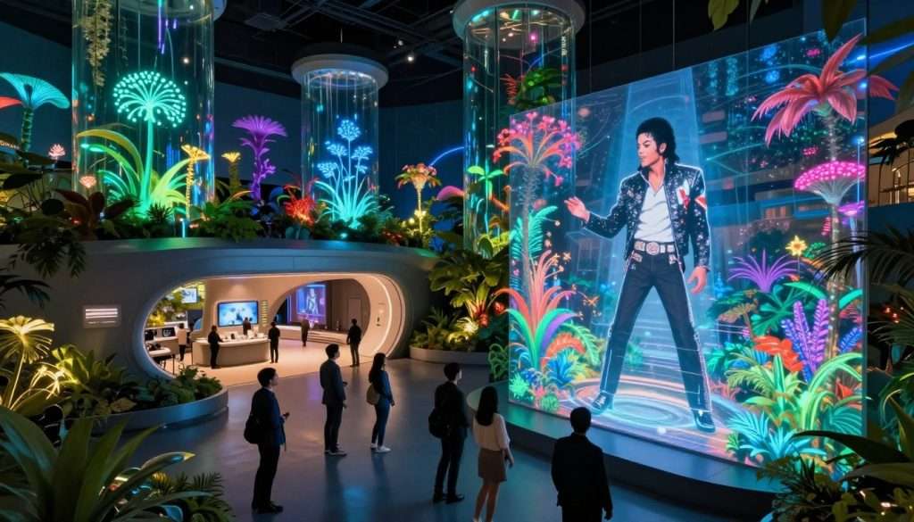 A futuristic holographic museum filled with luminous bioluminescent plants showcased under stunning glass domes. In the foreground, diverse visitors in professional attire marvel at a dynamic 3D performance of Michael Jackson, where holographic imagery interacts with vibrant garden scenery. The middle ground features a sleek, modern exhibit design, integrating technology with nature, illuminated by soft, colorful lighting that evokes wonder. The background showcases towering glass structures reflecting the glow from the bioluminescent flora, creating an ethereal atmosphere. The lens captures the scene from a slightly elevated angle, allowing a panoramic view of this imaginative blend of legacy and living technology, radiating an aura of excitement and innovation. A futuristic holographic museum filled with luminous bioluminescent plants showcased under stunning glass domes. In the foreground, diverse visitors in professional attire marvel at a dynamic 3D performance of Michael Jackson, where holographic imagery interacts with vibrant garden scenery. The middle ground features a sleek, modern exhibit design, integrating technology with nature, illuminated by soft, colorful lighting that evokes wonder. The background showcases towering glass structures reflecting the glow from the bioluminescent flora, creating an ethereal atmosphere. The lens captures the scene from a slightly elevated angle, allowing a panoramic view of this imaginative blend of legacy and living technology, radiating an aura of excitement and innovation.
