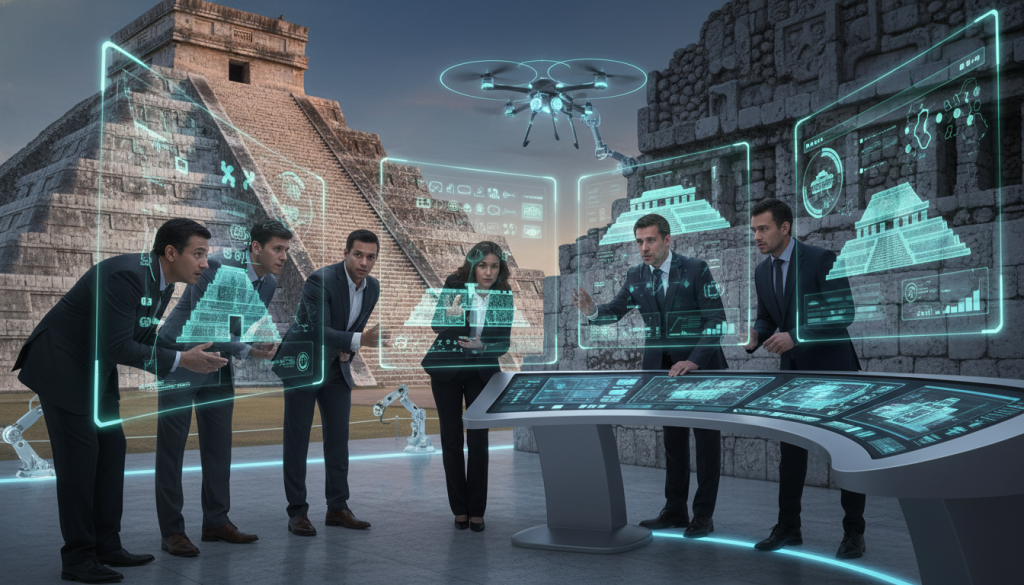 A futuristic scene at the Gran Museo de Chichén Itzá, showcasing advanced digital preservation technology in action. In the foreground, a diverse team of scientists and researchers, dressed in professional business attire, closely analyze holographic displays of ancient structures, revealing intricate details of the Mayan architecture. In the middle, a sleek, high-tech monitoring system is integrated seamlessly with restored elements of the site, with panels displaying real-time data and virtual simulations of preservation efforts. The background features the iconic pyramid of El Castillo, partially illuminated by soft ambient lighting that highlights its ancient stones, blending heritage with innovation. The atmosphere is one of collaboration and discovery, embodying a harmonious merging of tradition and cutting-edge science. The scene captures a moment of transformation, emphasizing the importance of technology in preserving cultural heritage. A futuristic scene at the Gran Museo de Chichén Itzá, showcasing advanced digital preservation technology in action. In the foreground, a diverse team of scientists and researchers, dressed in professional business attire, closely analyze holographic displays of ancient structures, revealing intricate details of the Mayan architecture. In the middle, a sleek, high-tech monitoring system is integrated seamlessly with restored elements of the site, with panels displaying real-time data and virtual simulations of preservation efforts. The background features the iconic pyramid of El Castillo, partially illuminated by soft ambient lighting that highlights its ancient stones, blending heritage with innovation. The atmosphere is one of collaboration and discovery, embodying a harmonious merging of tradition and cutting-edge science. The scene captures a moment of transformation, emphasizing the importance of technology in preserving cultural heritage.