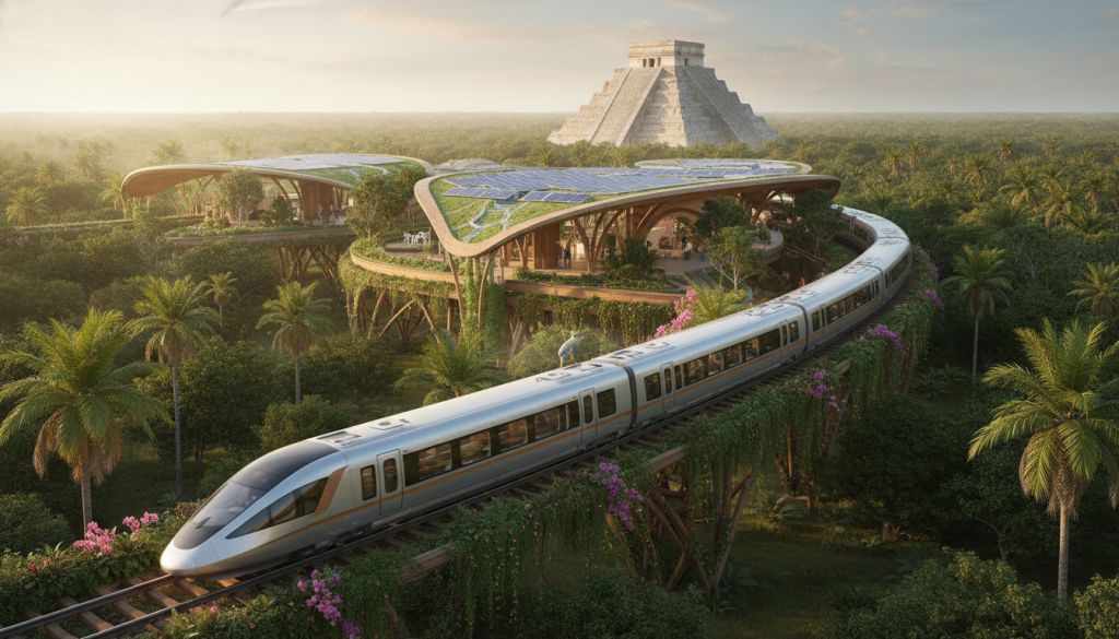 A futuristic scene showcasing the Tren Maya sustainable transit infrastructure, blending seamlessly into the lush Yucatán landscape. In the foreground, sleek, eco-friendly trains glide along elevated tracks made of natural materials, surrounded by vibrant greenery and native plants. The middle ground features modern transit stations with solar panels and rainwater collection systems, designed in harmony with the environment. Towering trees and wildlife can be seen, emphasizing the theme of biodiversity preservation. In the background, the iconic ruins of Chichén Itzá are partially visible, illuminated by warm, golden hour lighting, casting soft shadows. The atmosphere is peaceful yet innovative, reflecting a commitment to sustainability and technological advancement. Use a wide-angle lens to capture the sweeping vistas, with a focus on the integration of nature and transit. A futuristic scene showcasing the Tren Maya sustainable transit infrastructure, blending seamlessly into the lush Yucatán landscape. In the foreground, sleek, eco-friendly trains glide along elevated tracks made of natural materials, surrounded by vibrant greenery and native plants. The middle ground features modern transit stations with solar panels and rainwater collection systems, designed in harmony with the environment. Towering trees and wildlife can be seen, emphasizing the theme of biodiversity preservation. In the background, the iconic ruins of Chichén Itzá are partially visible, illuminated by warm, golden hour lighting, casting soft shadows. The atmosphere is peaceful yet innovative, reflecting a commitment to sustainability and technological advancement. Use a wide-angle lens to capture the sweeping vistas, with a focus on the integration of nature and transit.