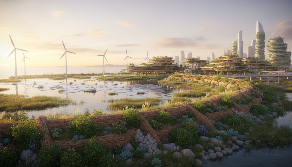 A modern coastal wetland infrastructure showcasing innovative technology designed to combat rising sea levels. In the foreground, features bio-engineered protective barriers made from natural materials interspersed with lush greenery. In the middle ground, sophisticated floating solar panels and wind turbines blend harmoniously with the landscape, surrounded by eco-friendly buildings made of sustainable materials. The background presents a serene view of a coastal skyline at sunrise, with soft, warm light illuminating the scene and reflecting off the water's surface. Capture an ethereal atmosphere of hope and sustainability, with a wide-angle perspective to emphasize the scale of this transformation. The overall mood should be optimistic, showcasing the potential of nature-based solutions for future coastal cities. A modern coastal wetland infrastructure showcasing innovative technology designed to combat rising sea levels. In the foreground, features bio-engineered protective barriers made from natural materials interspersed with lush greenery. In the middle ground, sophisticated floating solar panels and wind turbines blend harmoniously with the landscape, surrounded by eco-friendly buildings made of sustainable materials. The background presents a serene view of a coastal skyline at sunrise, with soft, warm light illuminating the scene and reflecting off the water's surface. Capture an ethereal atmosphere of hope and sustainability, with a wide-angle perspective to emphasize the scale of this transformation. The overall mood should be optimistic, showcasing the potential of nature-based solutions for future coastal cities.